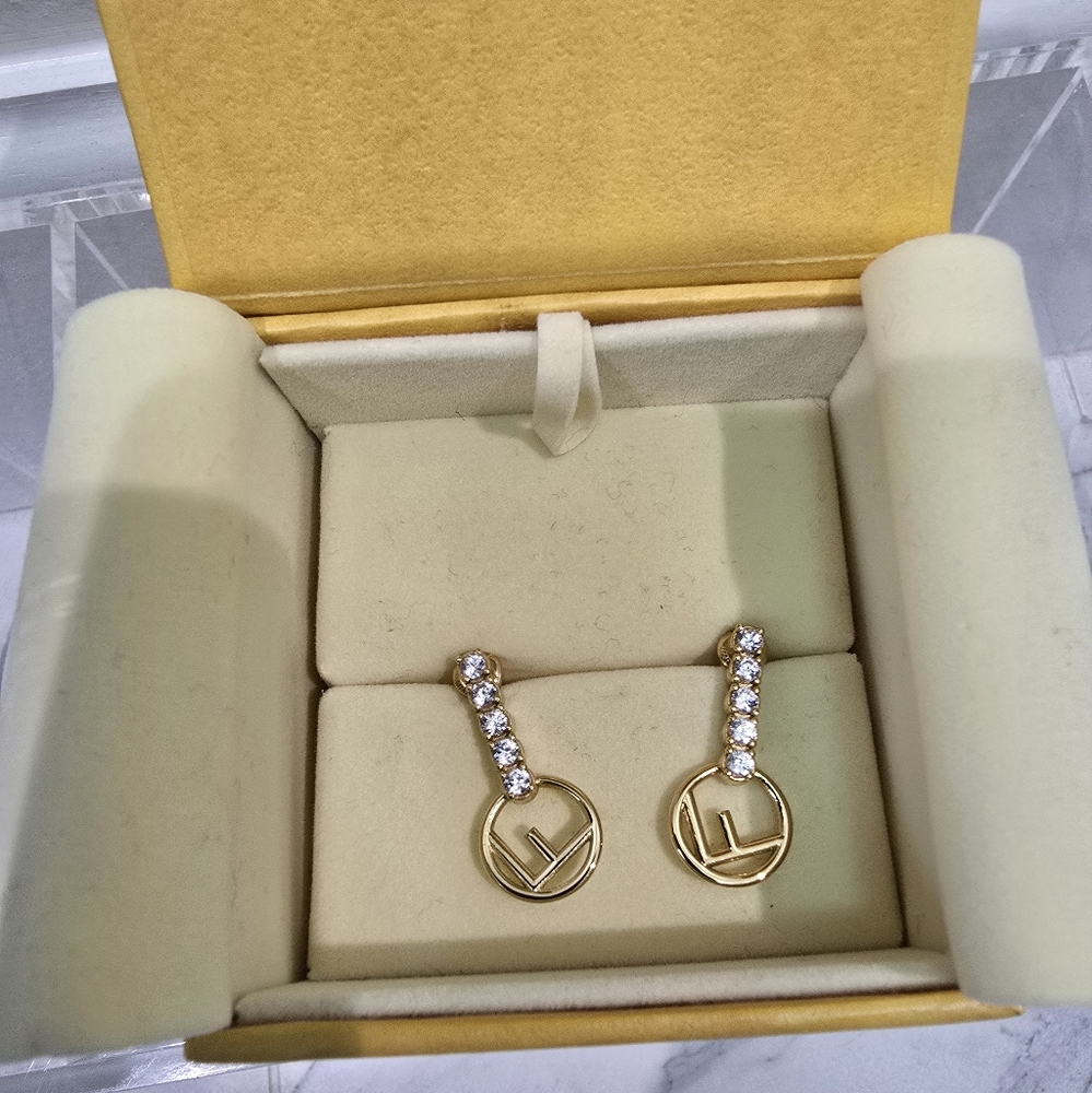 Fendi Gold Drop Earrings with Crystal Accents
